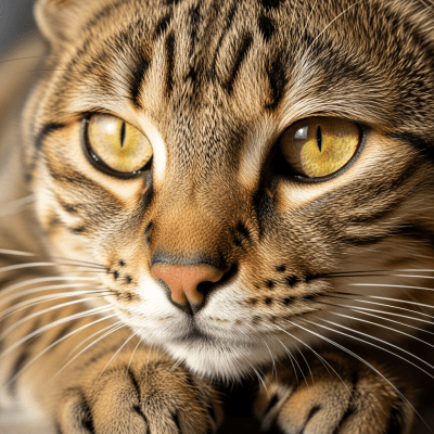 Close-up macro photograph of the face of a Chausie