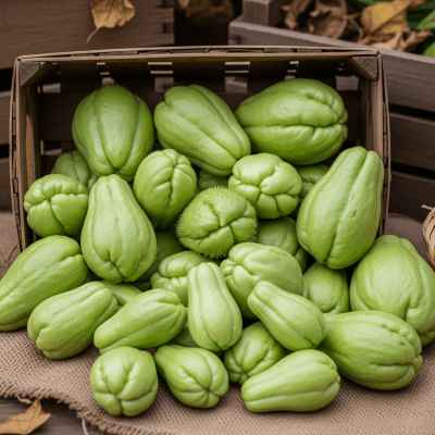 Image showing freshly harvested Chayote, displayed in a farmer's market basket or crate