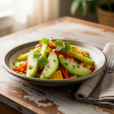 Photograph of a prepared dish or serving featuring the Chayote, as commonly used in cuisine within the taxonomy vegetables