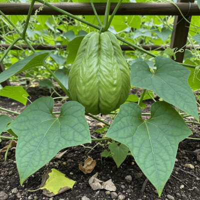 Naturalistic image of a Chayote in its typical growing environment, as found in nature or a cultivated garden