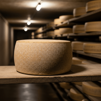 A whole wheel or block of Cheddar, shown in an artisanal cellar or aging environment typical for this cheese