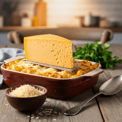 A piece of Cheddar being used in a classic culinary preparation or dish where it is commonly featured