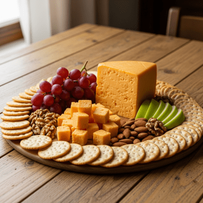 A serving of Cheddar arranged as part of a traditional cheese platter with fruits, nuts, and crackers