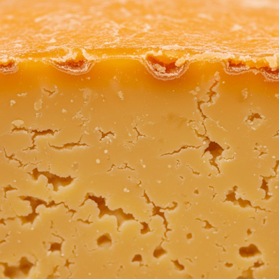 A close-up macro photograph of the rind and surface texture of a Cheddar