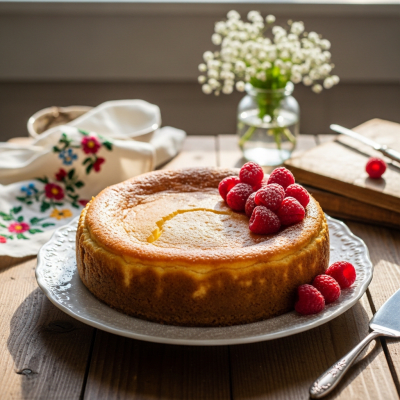 A realistic image of a whole Cheesecake (cake) displayed on a classic dessert table in a home or bakery setting
