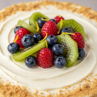 Close-up macro photograph of the surface texture and decoration of a Cheesecake (cake)