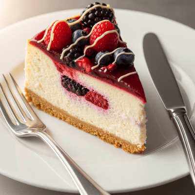 An image of a single slice of Cheesecake, from the cake taxonomy, isolated on a plate with simple cutlery