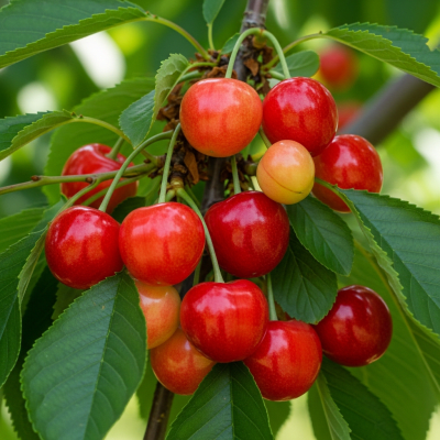 A photograph of a fresh Cherry from the fruits taxonomy as it appears in its natural growing environment, such as on a tree, bush, or vine
