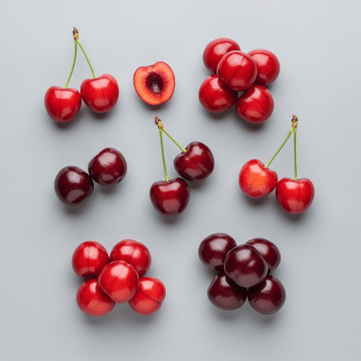 An overhead view photograph of several pieces of the Cherry, from the fruits taxonomy, arranged aesthetically on a plain background