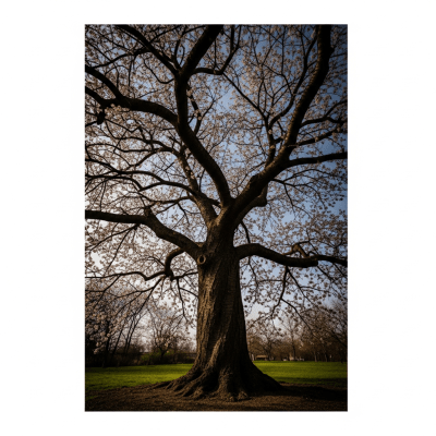 Striking editorial image of a single Cherry (trees), photographed from a low angle to emphasize its grandeur.