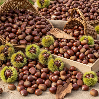 Photo showing harvested Chestnut (nuts) nuts in bulk, such as in baskets or containers