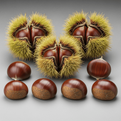 Image of a handful of unshelled and shelled Chestnut (nuts), side by side