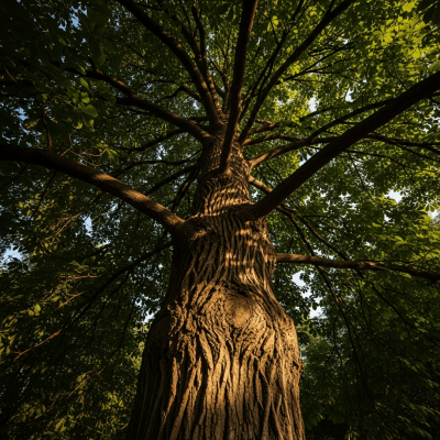 Striking editorial image of a single Chestnut (trees), photographed from a low angle to emphasize its grandeur.