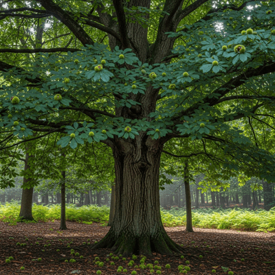 A realistic depiction of a mature Chestnut (trees) in its typical natural environment