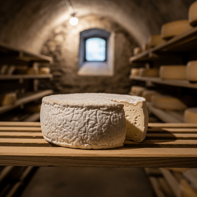 A whole wheel or block of Chèvre, shown in an artisanal cellar or aging environment typical for this cheese