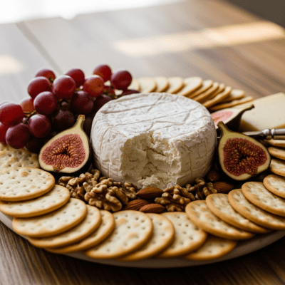 A serving of Chèvre arranged as part of a traditional cheese platter with fruits, nuts, and crackers