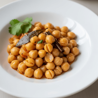 Image of cooked or prepared Chickpea (legumes) as it appears in a traditional dish or common culinary usage, presented on a clean plate with minimal garnish