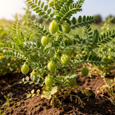 Photograph of the Chickpea (legumes) growing naturally on its plant in an outdoor agricultural or garden setting, showing leaves, pods, and surrounding soil or greenery