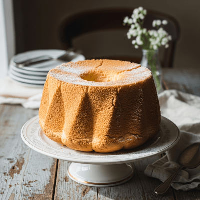 A realistic image of a whole Chiffon Cake (cake) displayed on a classic dessert table in a home or bakery setting