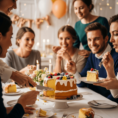 A scene showing the Chiffon Cake (cake) being served or enjoyed at a festive occasion, such as a birthday party or wedding