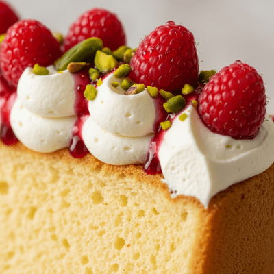 Close-up macro photograph of the surface texture and decoration of a Chiffon Cake (cake)