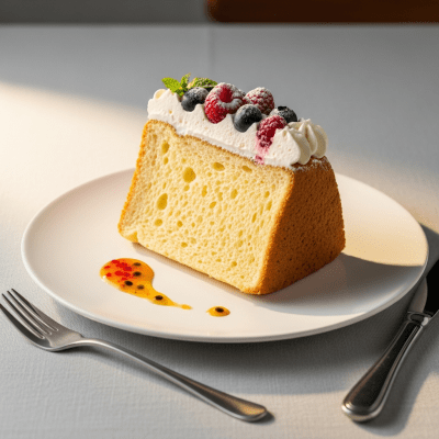 An image of a single slice of Chiffon Cake, from the cake taxonomy, isolated on a plate with simple cutlery
