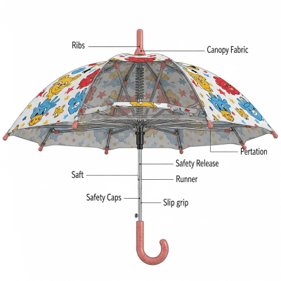 Detailed cross-sectional illustration of a Children's Umbrella, showing the internal structure such as ribs, shaft, and canopy fabric