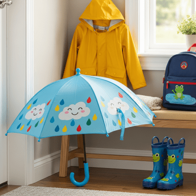 Image of a Children's Umbrella displayed alongside typical items it is paired with (e