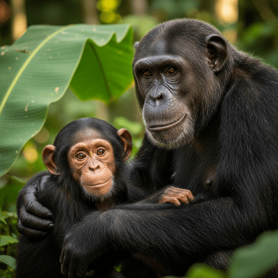 Photograph of a juvenile Chimpanzee (apes) alongside an adult in their environment