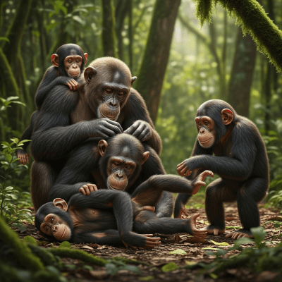 Image showing a group of Chimpanzee (apes) engaging in typical social behavior