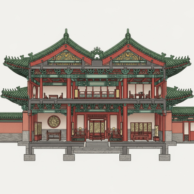 Detailed cross-sectional illustration or cutaway view showing the internal layout and key structural elements of the Chinese Imperial (architecture)