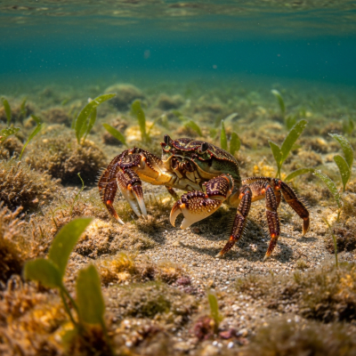 Photo-realistic underwater image of a live Chinese Mitten Crab, in the context of the taxonomy crabs