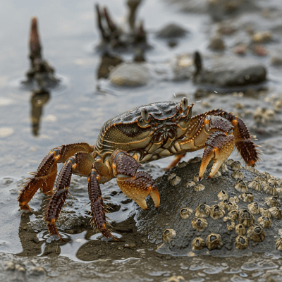 Naturalistic image of a Chinese Mitten Crab, belonging to the taxonomy crabs, in its typical habitat such as a shoreline, rocky tide pool, or mangrove