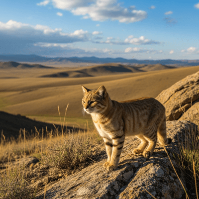 Photorealistic image of a Chinese Mountain Cat (felines) in its natural habitat