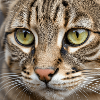 Close-up macro photograph focusing on the facial features and fur texture of a Chinese Mountain Cat