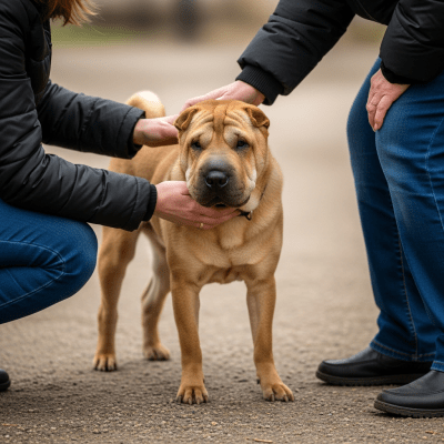 Image of a Chinese Shar-Pei interacting with humans in a typical cultural or domestic setting