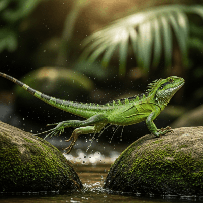 A dynamic action shot of a Chinese Water Dragon, part of the taxonomy reptiles, in motion such as climbing, swimming, basking, or hunting in its environment