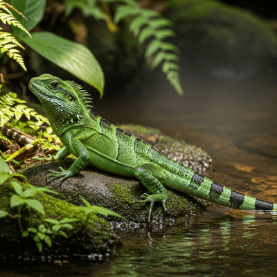 A detailed image of a Chinese Water Dragon (reptiles) in its typical natural habitat