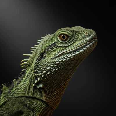A striking, editorial-style portrait of a Chinese Water Dragon (reptiles) in dramatic lighting.