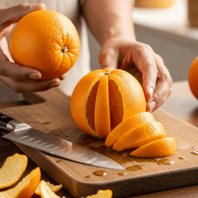 A realistic depiction of a Chislett Navel Orange from the oranges taxonomy being used in a culinary context, such as being sliced on a cutting board or prepared for juice