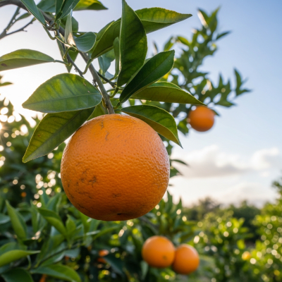 A naturalistic scene featuring a Chislett Navel Orange from the oranges taxonomy growing on a tree with leaves and branches visible