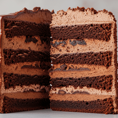 Detailed cross-sectional view of a sliced Chocolate Cake (cake), showing internal layers, textures, and ingredients