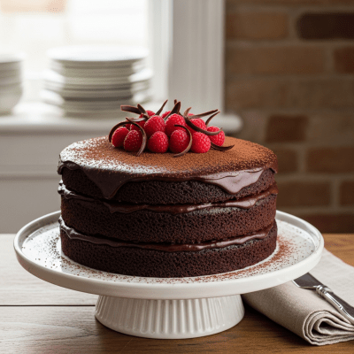 A realistic image of a whole Chocolate Cake (cake) displayed on a classic dessert table in a home or bakery setting