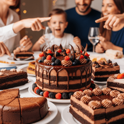 A scene showing the Chocolate Cake (cake) being served or enjoyed at a festive occasion, such as a birthday party or wedding