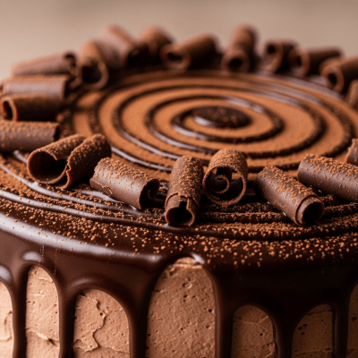 Close-up macro photograph of the surface texture and decoration of a Chocolate Cake (cake)