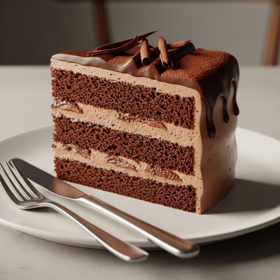 An image of a single slice of Chocolate Cake, from the cake taxonomy, isolated on a plate with simple cutlery