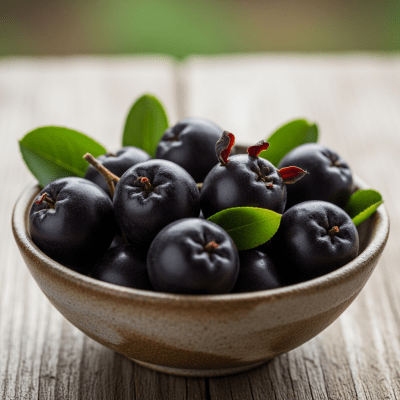 A high resolution image of several fresh Chokeberrys arranged in a simple bowl, representing their use within the taxonomy berries