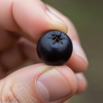 A factual photograph of a hand holding a ripe Chokeberry, illustrating its size and appearance for the taxonomy berries