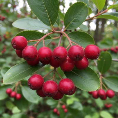 A naturalistic photograph of a Chokeberry growing on its plant in its typical environment, representing the taxonomy berries