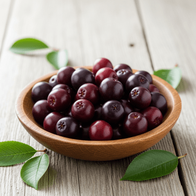 A high resolution image of several fresh Chokecherrys arranged in a simple bowl, representing their use within the taxonomy berries